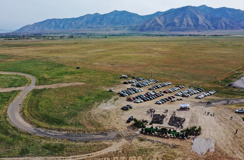 A drone’s-eye view of the Deseret Peak Utah Temple site during groundbreaking ceremonies in Tooele, Utah, on May 15, 2021.