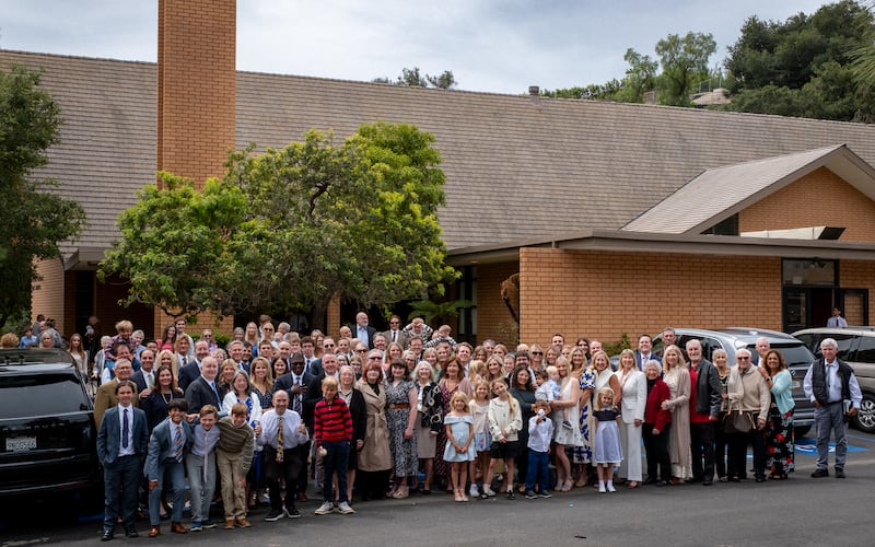 Latter-day Saints in Pacific Palisades, California, attend the April 12, 2026, rededication service of the church meetinghouse that was renovated following the January 2025 California wildfires.