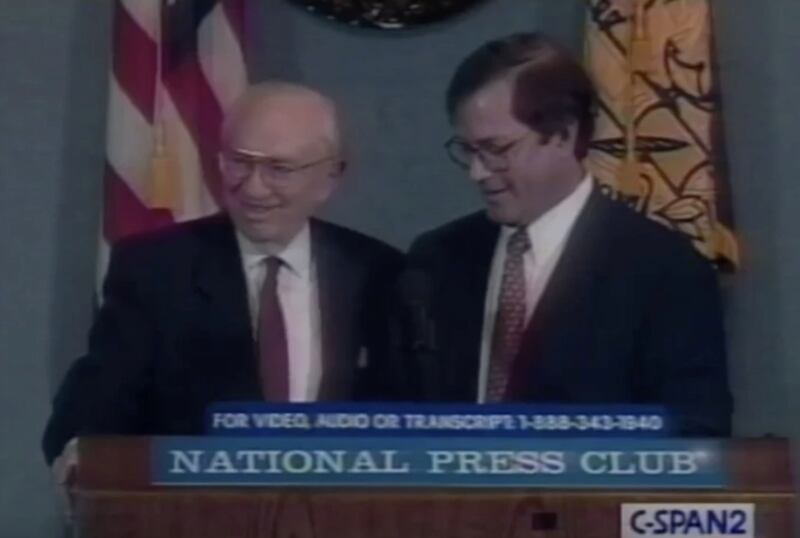 President Gordon B. Hinckley of The Church of Jesus Christ of Latter-day Saints smiles while fielding questions.