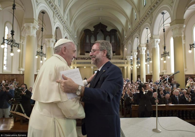Pope Francis shakes hands with Eugenio Bernardini, the Moderator of the Waldensian Church, during the first ever visit of a pope to the Waldensian evangelical church, in Turin, northern Italy, Monday, June 22, 2015. Pope Francis asked forgiveness Monday f