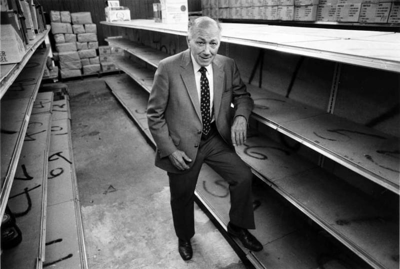 Dr. Lowell L. Bennion, services council director, is concerned about the almost empty shelves at the Salt Lake Food Bank August 15, 1985.