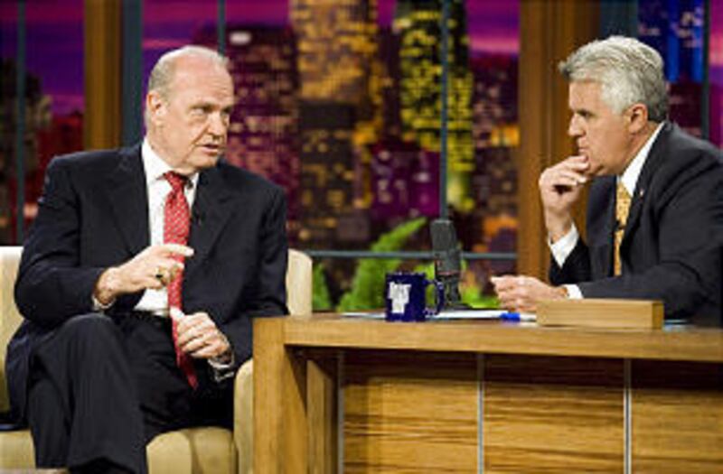 Former U.S. Sen. Fred Thompson, left, talks with host Jay Leno Wednesday on "The Tonight Show."