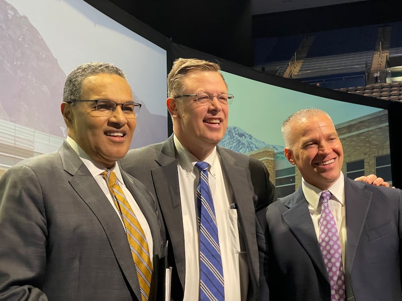 Freeman Hrabowski III, left, poses with Elder Clark G. Gilbert and BYU President Shane Reese after in February 2024.