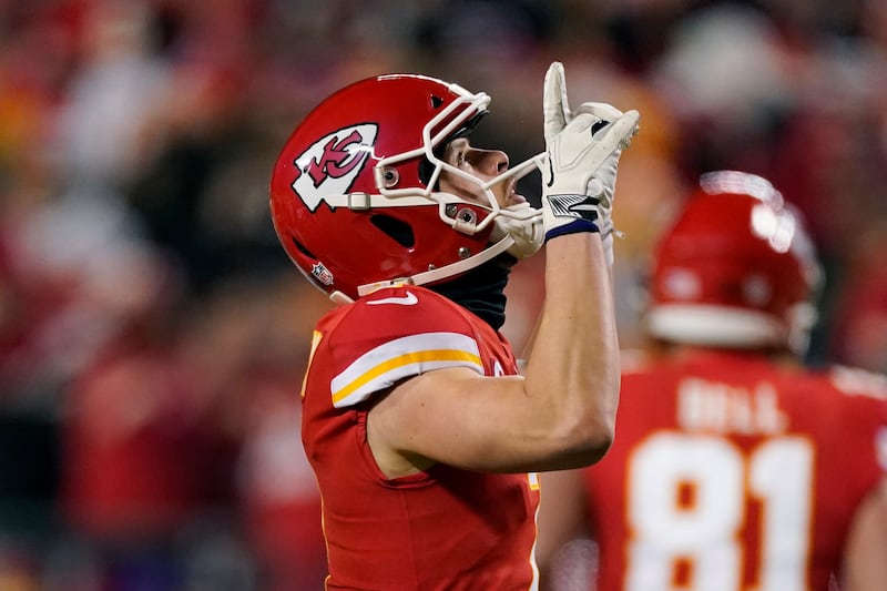 Kansas City Chiefs kicker Harrison Butker (7) celebrates after kicking a 28-yard field goal on Jan. 23, 2022.
