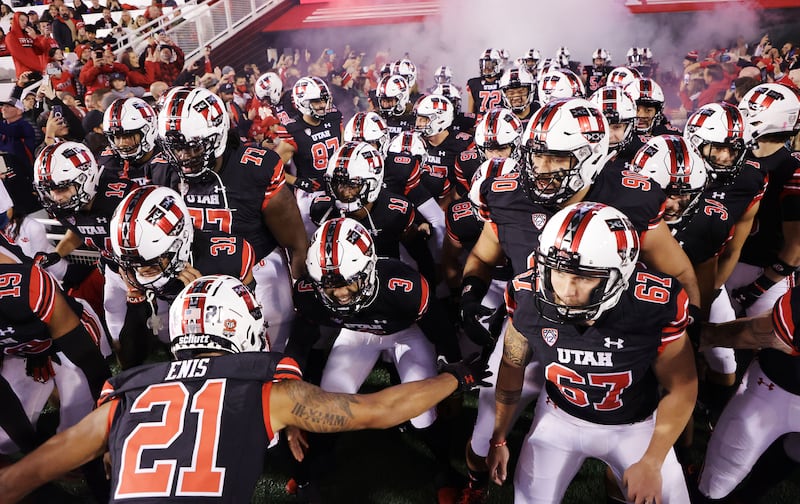 The Utah Utes take the field in Salt Lake City on Saturday, Oct. 16, 2021.