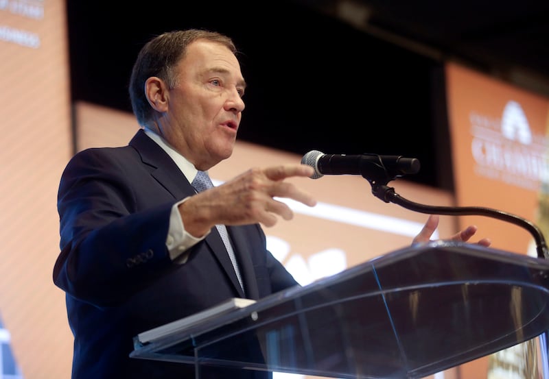 FILE - Gov. Gary Herbert speaks at the Utah Economic Outlook & Public Policy Summit at the Salt Lake Marriott Downtown at City Creek in Salt Lake City on Friday, Jan. 18, 2019. Herbert is delivering his State of the State address at 6:30 p.m.