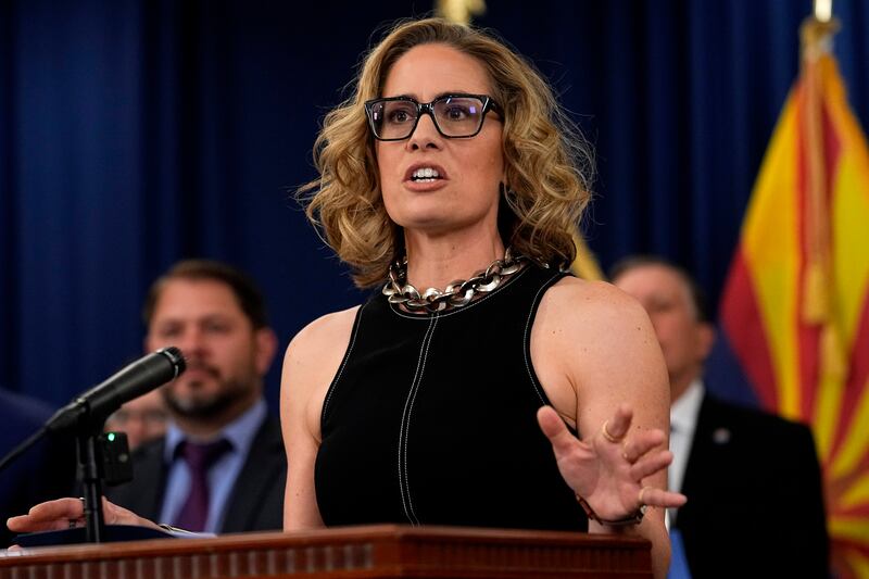 U.S. Sen. Kyrsten Sinema, I-Ariz., speaks at the Capitol in Phoenix.