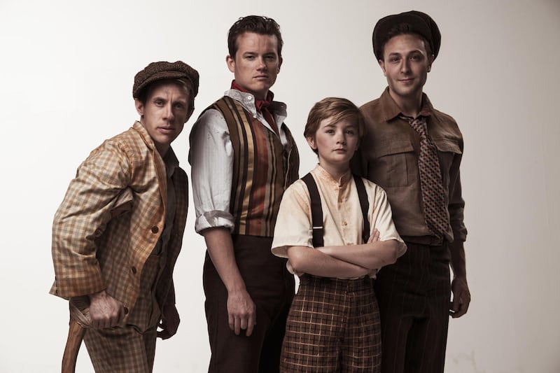 Jordan Aragon as Crutchie, left, Ryan Farnsworth as Jack, Will Haley as Les and Daniel Scott Walton as Davey in Tuacahn's production of "Newsies."
