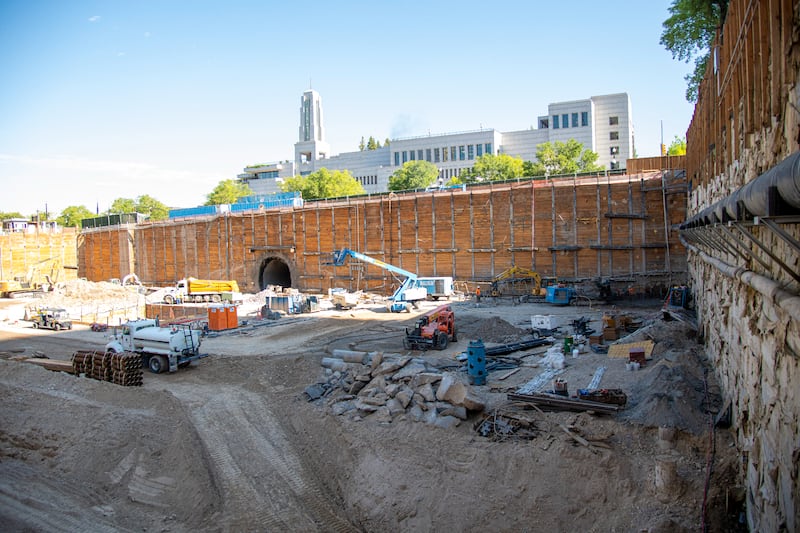 A view of the planking, or lagging, of the excavation at the Salt Lake Temple.