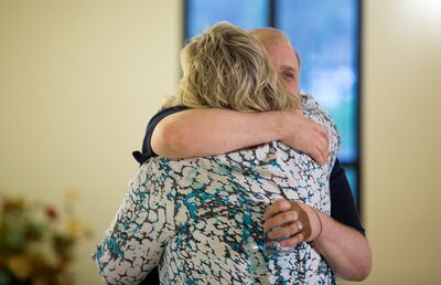 Josh Holt hugs his mother Laurie Holt during a welcome-home event in the Old Dome Meeting Hall at Riverton City Park in Riverton, Utah, Monday, May 28, 2018.