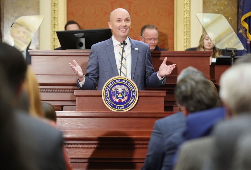 Gov. Spencer Cox delivers his 2023 State of the State address to the Utah Legislature at the Capitol on Jan. 19, 2023.