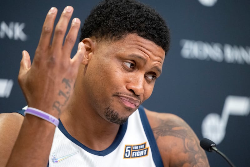 Utah Jazz forward Rudy Gay motions as he talks during the Utah Jazz media media day at Vivint Arena in Salt Lake City.