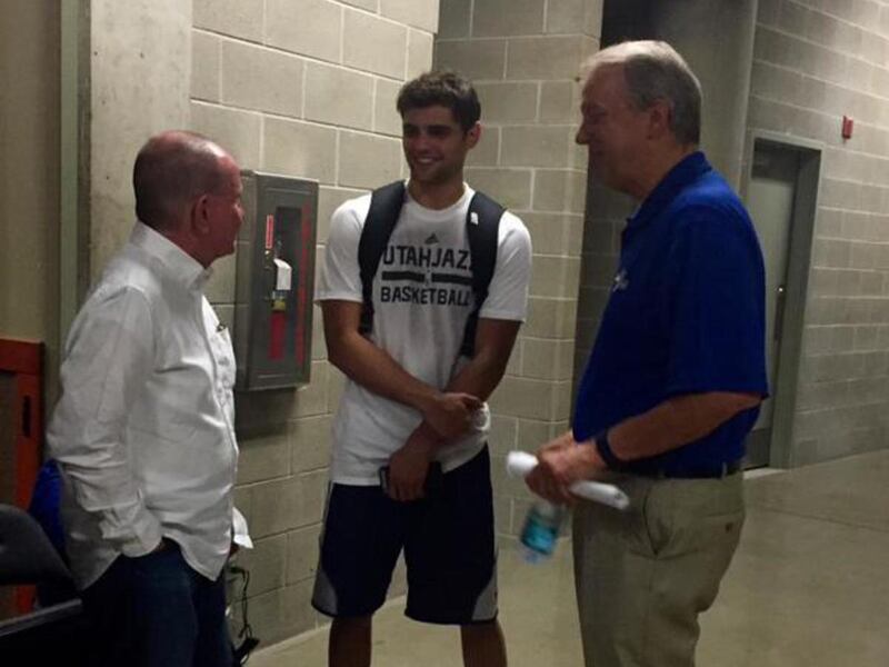 Raul Neto, center, has attended both nights of the Utah Jazz Summer League thus far. On Tuesday night, the Brazil point guard was asked by a security guard where his pass was. Neto quickly pointed to a group of Jazz players and said, “I’m with them.”