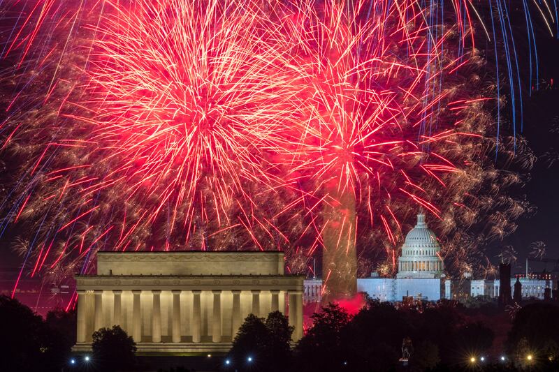 Fireworks burst above the Lincoln Memorial, Washington Monument and the U.S. Capitol building during Independence Day celebrations in 2022.