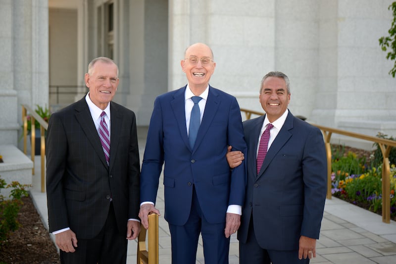 President Henry B. Eyring, first counselor in the First Presidency, is joined at left by Elder Steven R. Bangerter, General Authority Seventy and executive director of the Church’s Temple Department, and on the right by Elder Jorge T. Becerra, General Authority Seventy and member of the Utah Area presidency, ahead of the Sunday, May 3, 2026, dedication of the Lindon Utah Temple.