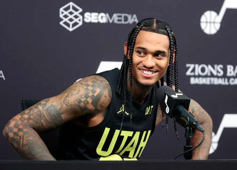 Guard Jordan Clarkson talks to members of the media during Utah Jazz media day at the Zions Bank Basketball Center.
