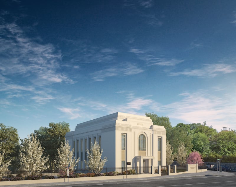 An exterior rendering of the Vienna Austria Temple.