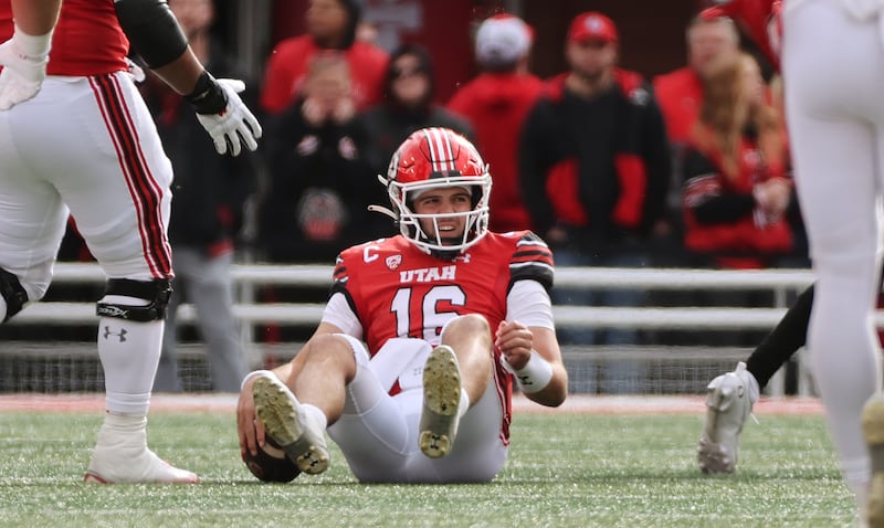 Utah Utes quarterback Bryson Barnes (16) is sacked by Oregon in Salt Lake City on Saturday, Oct. 28, 2023. Oregon won 35-6.