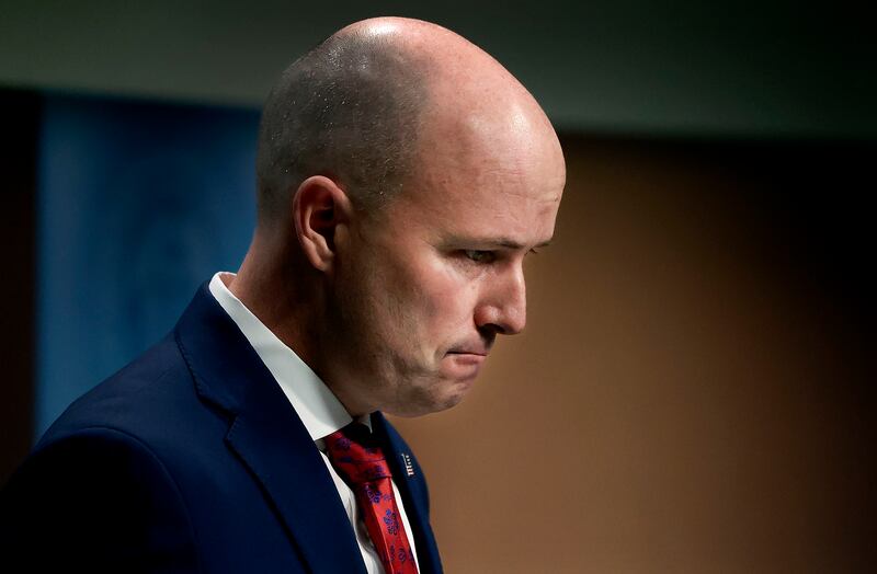 Gov. Spencer Cox listens to a reporter’s question during the PBS monthly news conference in Salt Lake City on Feb. 15, 2024.