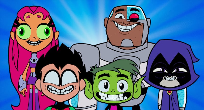 Left to right are Starfire, voiced by Hynden Walch, Robin, voiced by Scott Menville, Cyborg, voiced by Khary Payton, Beast Boy, voiced by Greg Cipes, and Raven, voiced by Tara Strong, in Warner Bros. Animation's Animated Adventure "Teen Titans Go! To The