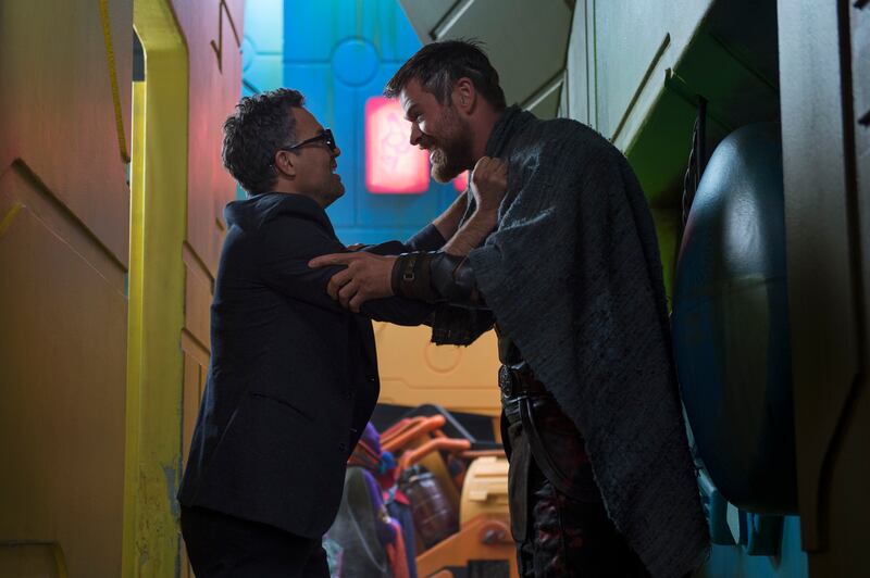 This image released by Marvel Studios shows Mark Ruffalo and Chris Hemsworth in a scene from "Thor: Ragnarok."