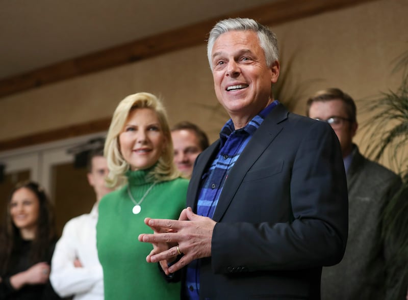 Jon Huntsman Jr. and his wife, Mary Kaye, talk with employees and clients at KKOS Lawyers and K&E CPAs in their offices in Cedar City shortly after announcing he is running for a third term as Utah’s governor on Thursday, Nov. 14, 2019.