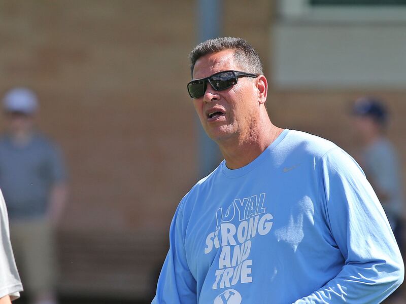 Offensive coordinator Robert Anae as BYU opens their first day of football camp Aug. 8, 2015, in Provo.
