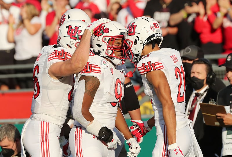 Utah running back Tavion Thomas (9) celebrates his TD during Rose Bowl game against Ohio State in Pasadena, Jan. 1, 2022.