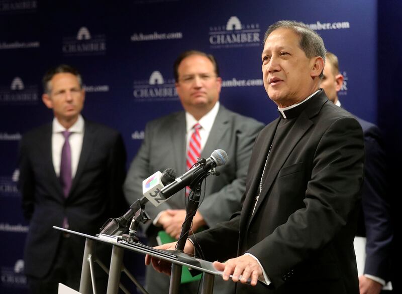 The Most Rev. Oscar Solis, bishop of the Catholic Diocese of Salt Lake City, speaks about the need to support families during a press conference at the Salt Lake Chamber in Salt Lake City on Thursday, March 21, 2019, where community leaders reaffirmed the