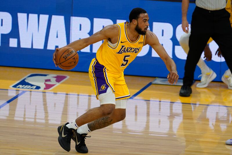 Los Angeles Lakers guard Talen Horton-Tucker (5) during an NBA basketball game against the Golden State Warriors in San Francisco, Monday, March 15, 2021. (AP Photo/Jeff Chiu)