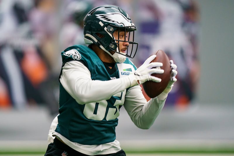 Philadelphia Eagles tight end Noah Togiai (83) in action during an NFL football workout in Philadelphia. The Eagles will play the Kansas City Chiefs in Sunday’s Super Bowl in Arizona.