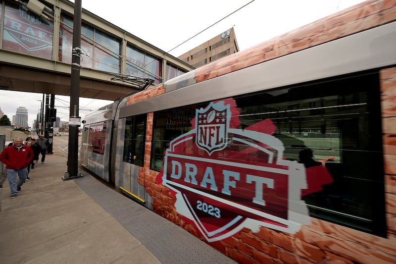 A streetcar arrives at Union Station, home of the 2023 NFL draft on April 22, 2023, in Kansas City, Mo. The draft will run April 27-29.