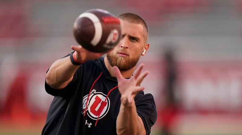 Utah tight end Brant Kuithe catches a pass before the start of a game against San Diego State Sept. 17, 2022, in Salt Lake.