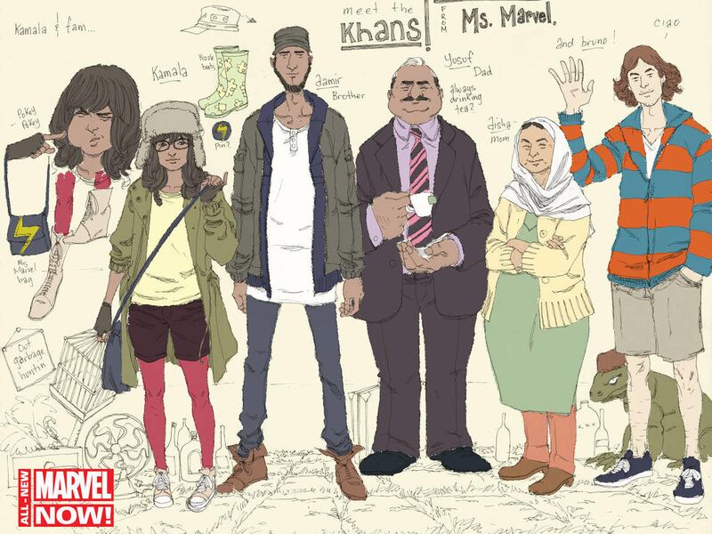 This comic book image released by Marvel Comics shows character Kamala Khan , second left, with her family Aamir, father Yusuf, mother Disha and friend Bruno, from the “Ms. Marvel” issue. The new monthly Ms. Marvel is debuting as part of the Company”™s po