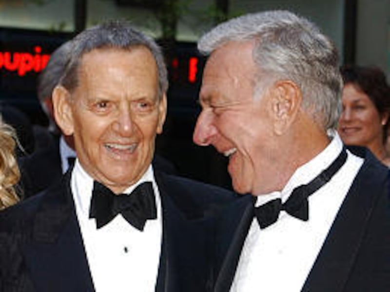 Tony Randall, left, and Jack Klugman, shown in 2002, portrayed Felix Unger and Oscar Madison on "The Odd Couple."