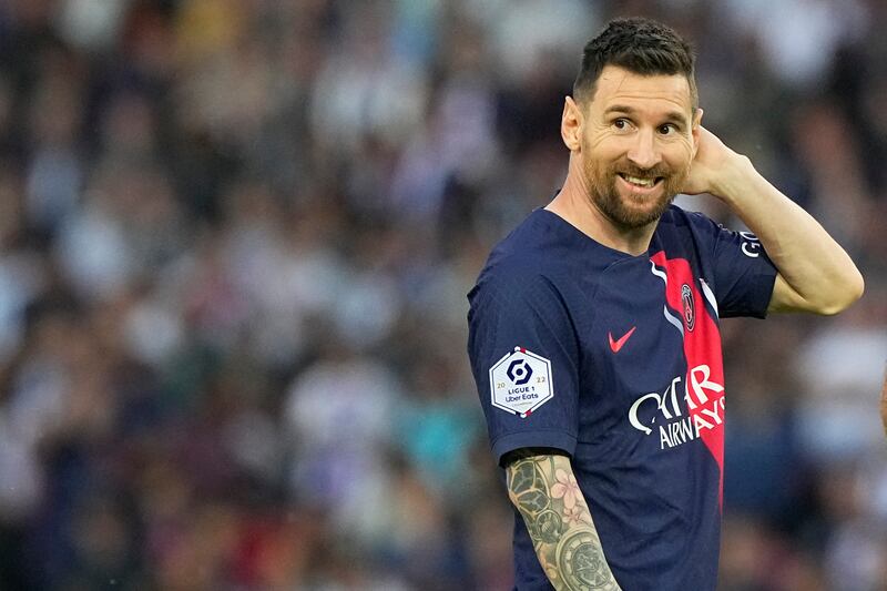 PSG’s Lionel Messi reacts during the French League One soccer match between Paris Saint-Germain and Clermont.
