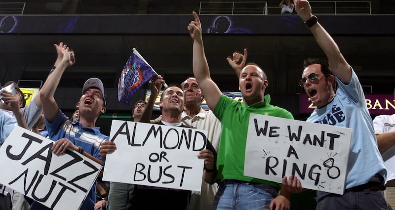From left to right, Nick Newman of Provo, Brady Haider of Sandy, Jeremiah Webb of Salt Lake City and Dan Timothy of Salt Lake City cheer the Jazz’s selection of Rice’s Morris Almond in the 2007 NBA Draft during a draft party EnergySolutions Arena in Salt Lake City Thursday, June 28, 2007. Photo by Jason Olson