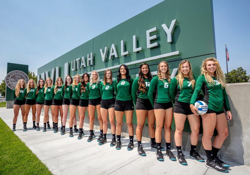 The UVU volleyball team poses for promo photos on the Utah Valley University campus Wednesday, August 2, 2017.