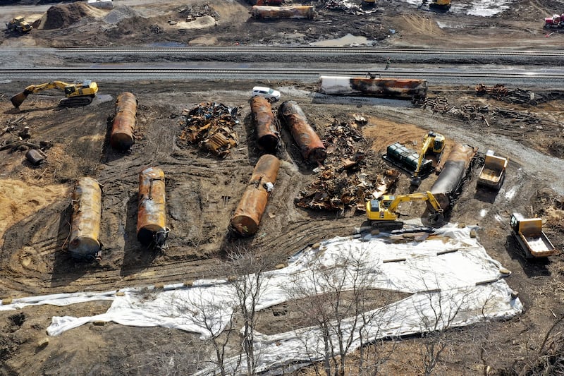 A view of the scene Feb. 24, 2023, as the cleanup continues at the site of a Norfolk Southern freight train derailment that happened on Feb. 3 in East Palestine, Ohio.