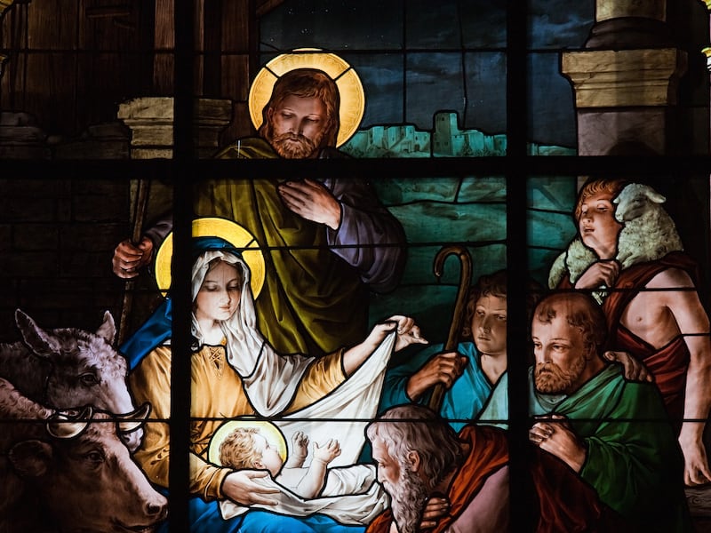 Stained glass window created by F. Zettler (1878-1911) at the German Church (St. Gertrude’s church) in Gamla Stan in Stockholm, depicting the Nativity Scene - Image