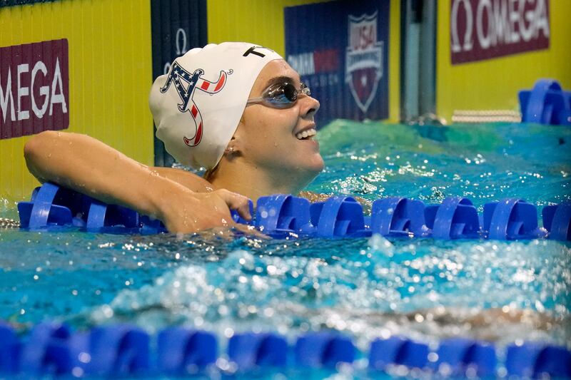 Utah native Rhyan White smiles after her race at the U.S. Olympic Swim Trials on Saturday, June 19, 2021.