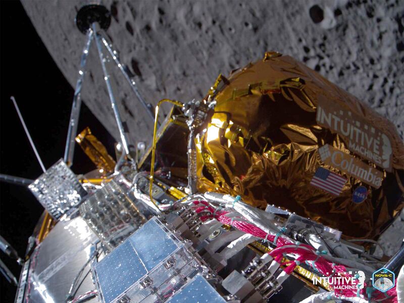 Intuitive Machines shows its Odysseus lunar lander over the near side of the moon following lunar orbit insertion.