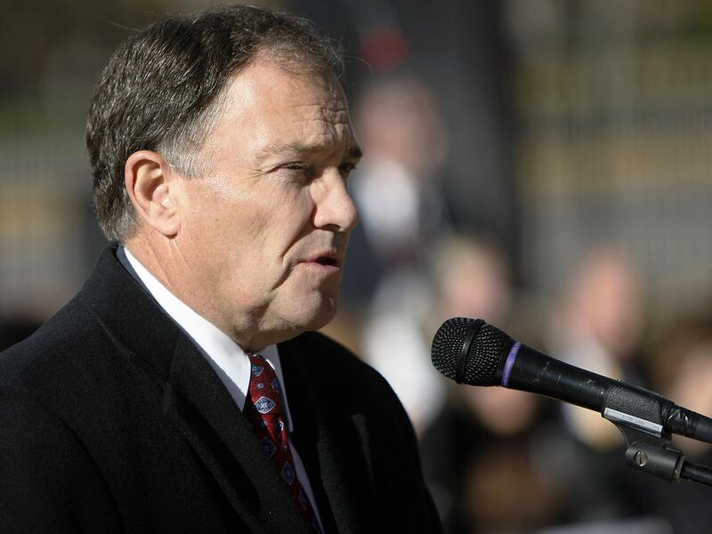 FILE - Utah Governor Gary Herbert speaks during a ceremony marking Volkstrauertag, the German National Day of Remembrance at the Fort Douglas Military Cemetery in Salt Lake City, Sunday, Nov. 15, 2015.
