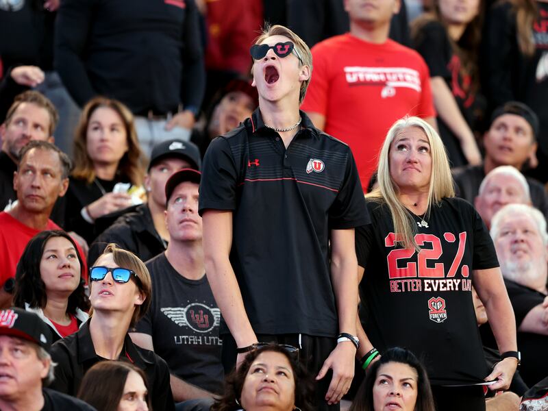 Utah fans react as they watch Utah and USC play at Rice Eccles Stadium in Salt Lake City on Saturday, Oct. 15, 2022.