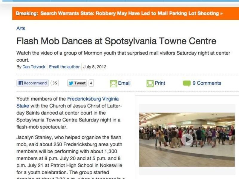 Members of The Church of Jesus Christ of Latter-day Saints organized a flash mob, which broke into a line dance at the Spotsylvania Towne Centre Mall in Virginia.