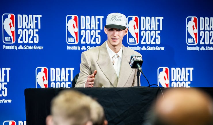 Former BYU guard Egor Demin fields questions from the media after being selected with the No. 8 pick by by the Brooklyn Nets at the NBA draft Wednesday, June 25, 2025.