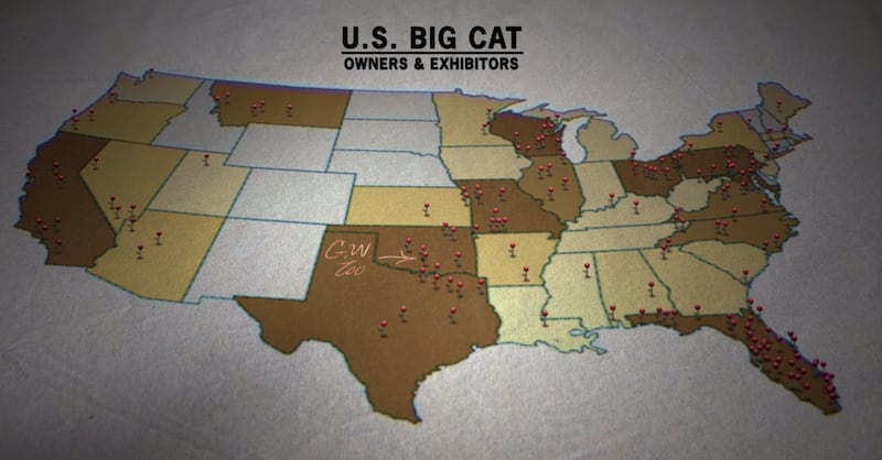 A screenshot of a big cat exhibtor map seen in “Tiger King.”