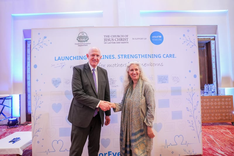 Elder Kelly R. Johnson, a General Authority Seventy and president of the Church’s Asia Area, and Pernille Ironside, UNICEF representative in Pakistan, pose for a photo at the announcement of the Church's $1.2 million donation to UNICEF's effort to support neonatal and newborn care in Pakistan in Islamabad, Pakistan, on Aug. 31, 2026.
