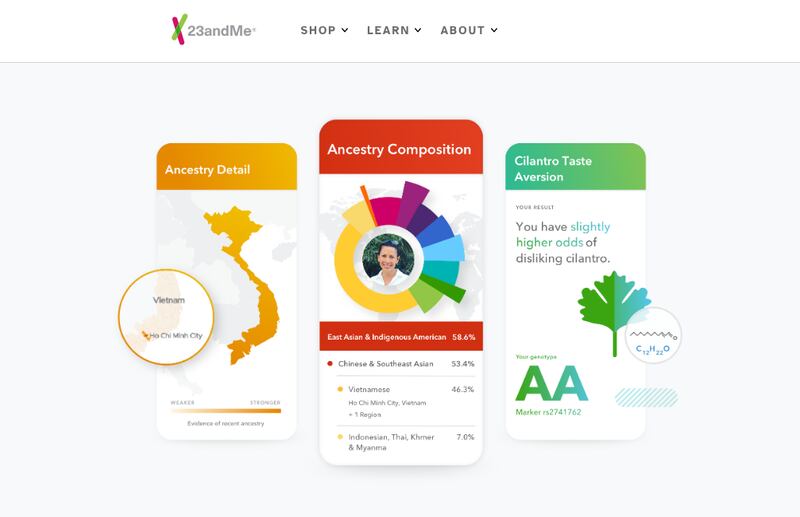 A screen capture from 23andMe’s website featuring the service’s products.