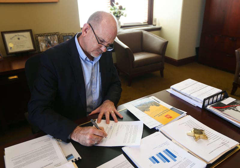 State Treasurer David Damschen works in his office at the Capitol in Salt Lake City on Friday, Jan. 25, 2019. Damschen is tasked to find ways for medical marijuana businesses and state agencies to get or maintain banking services.